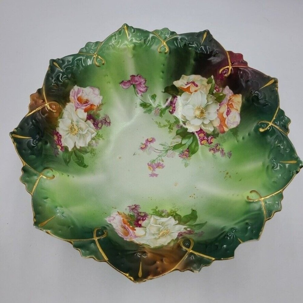 Vintage M Z Austria Large Scallop Edge Bowl Green Gold Trim Pink Floral 499357
